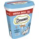 Ein blauer "Dreamies Mega Box" Behälter mit 350 g Katzenleckerlis, mit verspielten Katzen- und Fischillustrationen und mehrsprachigem Text.