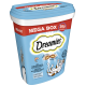 Niebieskie opakowanie "Dreamies Mega Box" z 350g przysmaków dla kotów, z ilustracjami zabawnych kotów i ryb oraz tekstem w wielu językach.