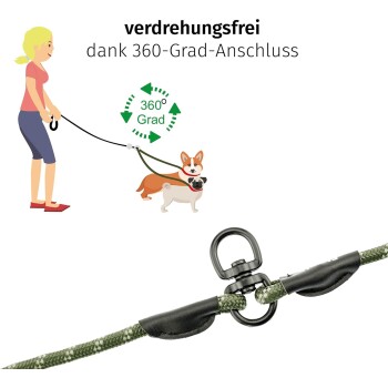 Eine Frau führt einen Hund an einer grünen geflochtenen Leine mit einem schwarzen Clip und 360-Grad-Drehgelenk. Text: "Drehfrei mit 360-Grad-Verbindung."