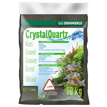 10 kg Sack Dennerle CrystalQuartz Aquarienkies, grün und blau gestaltet mit Fischbildern und mehrsprachigen Produktdetails.