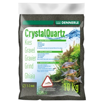10 kg Sack Dennerle CrystalQuartz Aquarienkies, grün und blau gestaltet mit Fischbildern und mehrsprachigen Produktdetails.