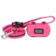 Helle pinke Hundeleine mit schwarzen und grauen Streifen, begleitet von einem passenden pinken Beutel mit der Aufschrift "DOOG - Dog Owners Outdoor Gear."