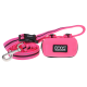Helle pinke Hundeleine mit schwarzen und grauen Streifen, begleitet von einem passenden pinken Beutel mit der Aufschrift "DOOG - Dog Owners Outdoor Gear."