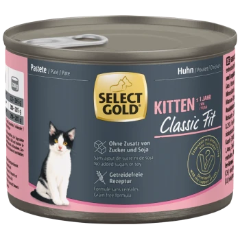 Select Gold Kitten Classic Fit Hühnerpastete Katzenfutterdose mit Bild eines schwarz-weißen Kätzchens, ohne Zuckerzusatz oder Soja, getreidefreie Rezeptur.