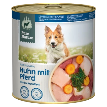 Dose Pure Nature Hundefutter mit Huhn, Pferdefleisch, Rindfleisch und Karotten, mit Bild eines glücklichen Hundes und Futter.