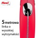 Czerwona, zwijana smycz dla psa z trwałym przewodem o długości 5 metrów, z logo marki "flexi" i polskim tekstem o jej długości i wytrzymałości.