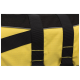 Nahaufnahme einer gelben Haustiertragetasche mit schwarzen Riemen und Nähten, die ihr strapazierfähiges Material und Design zeigt.