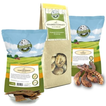 Gesunde Hundeleckerlis mit Ente zum Sparpreis Drei Bellfor-Hundeleckerlitaschen: blaue "Fleischstreifen" (100g), braune "Knabber-Schmaus" und grüne "Entenhälse" (250g) mit getrockneten Fleischstreifen.