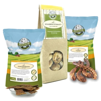 Drei Bellfor-Hundeleckerlitaschen: blaue "Fleischstreifen" (100g), braune "Knabber-Schmaus" und grüne "Entenhälse" (250g) mit getrockneten Fleischstreifen.