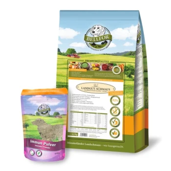 Bild der BELLFOR-Haustierfutterverpackung mit "Landgut-Schmaus" Trockenfutter (2,5 kg) und "Immune Powder" (60 g) für Hunde, das die Premium-Qualität hervorhebt.