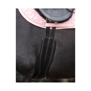 Nahaufnahme der Seite eines schwarzen Pferdes mit einem rosa Sattelpad und einem schwarzen Sattel, der zwei schwarze Gurtstraps zeigt.