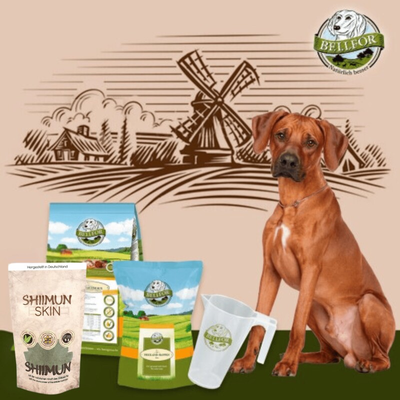 Bellfor Rhodesian Ridgeback Futter Set - Wiesen-Schmaus 4 kg + Haut &amp; Fell Pulver 80g + Freiland-Happen 200g + 1 Messbecher
