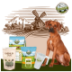 Ein brauner Hund sitzt neben verschiedenen Haustierfutterprodukten, einschließlich "Shiimun Skin" und "BELLFOR"-Markenartikeln, mit einer Windmühlenillustration im Hintergrund.