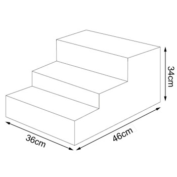 Haustiertreppen mit drei Stufen, Abmessungen 36 cm breit, 46 cm lang und 34 cm hoch, entworfen für einen einfachen Zugang für Haustiere.