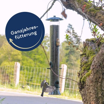 Ein Vogelhaus hängt von einem Baum mit einem sitzenden Vogel und einem anderen, der darauf zufliegt, mit dem Text "Ganzjahresfütterung" in einem Kreis.