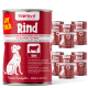 Rote Dose Hundefutter, beschriftet mit 'Supravit Rind', mit einer Grafik von Hund und Kuh, mit Text, der hochwertige Rindfleischzutaten hervorhebt.