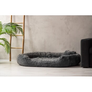 Ein plüschiges, rundes graues Haustierbett steht auf einem hellen Holzboden, neben einem dunklen Sofa und einer Bambusleiter mit grünen Blättern.