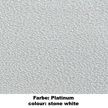 Texturierte Oberfläche in Platinfarbe, beschriftet mit "Farbe: Platinum" und "colour: stone white" am unteren Rand.