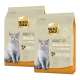Zwei Beutel Select Gold Katzenfutter für Britisch Kurzhaar Erwachsene, mit einer grauen Katze auf der Vorderseite, mit dem Hinweis "Geflügel mit Lachs."