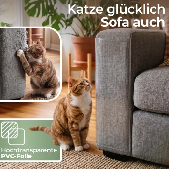 Getigerte Katze neben grauem Sofa mit klarem PVC-Armbezug; Einsatzbild zeigt die Katze beim Kratzen. Sichtbarer Text: 'Hochtransparente PVC-Folie'.