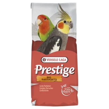 Eine Tüte Versele-Laga Prestige Vogelfutter für große Wellensittiche, mit bunten Illustrationen eines grünen und roten Wellensittichs und eines Nymphensittichs auf der Vorderseite.