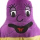 Ein plüschiges lila Spielzeug mit einem lächelnden Gesicht, großen Augen und einem schwarz gestickten Mund, das einem Cartoon-Charakter ähnelt, geeignet für Haustiere.