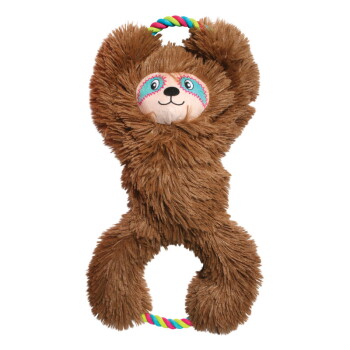 Braunes Plüsch-Faultier mit zotteligem Fell, besticktem Gesicht mit bunter Augenmaske und Regenbogen-Seilgriffen.