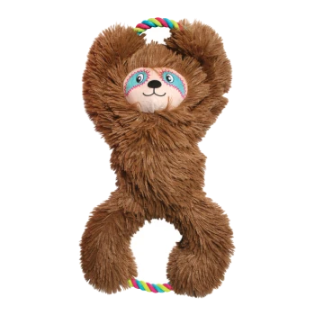 Jouet pour chien en peluche marron en forme de paresseux au pelage hirsute, visage brodé avec un masque coloré autour des yeux et poignées en corde arc‑en‑ciel.