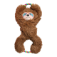 Jouet pour chien en peluche marron en forme de paresseux au pelage hirsute, visage brodé avec un masque coloré autour des yeux et poignées en corde arc‑en‑ciel.