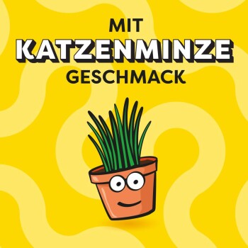 Illustration einer lächelnden Katzenminzpflanze in einem Topf auf gelbem Hintergrund mit dem Text "Mit Katzenminze Geschmack" auf Deutsch.