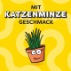 Illustration einer lächelnden Katzenminzpflanze in einem Topf auf gelbem Hintergrund mit dem Text "Mit Katzenminze Geschmack" auf Deutsch.