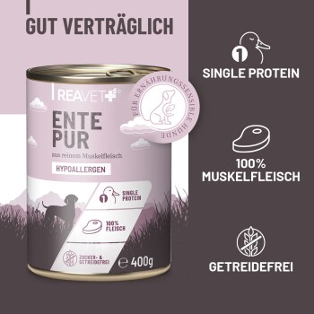 Dose mit Hundefutter beschriftet "Ente Pur" mit einem rosa Design, mit "Hypoallergen," "Single Protein," und "100% Muskelfleisch."