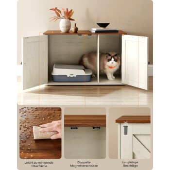 Ein stilvoller Katzenstreu-Schrank mit einer flauschigen Katze, die herausblickt, mit einer Holzoberfläche, einer dekorativen Vase und sichtbaren Reinigungsanweisungen.