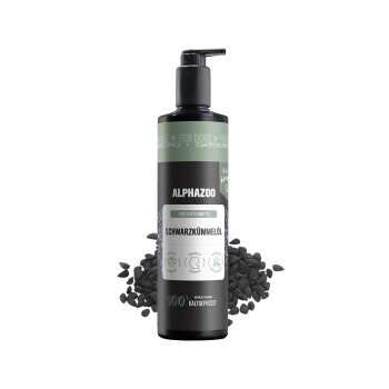 Ein Behälter mit Schwarzkümmelöl für Hunde, beschriftet mit 'ALPHAZOO Care', mit einem Pfotenabdruckdesign und dem Text 'SCHWARZKÜMMELÖL kaltgepresst.'