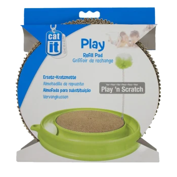 Catit Play Refill Pad for the Play 'n Scratch toy, featuring a round cardboard scratching surface in a green base, with multilingual text.