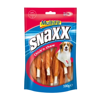Multifit Snaxx Chick'n Chew dog treats in a 100g package, featuring chewy sticks with a chicken flavor.