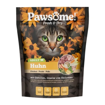 Verpackung für Katzenfutter mit dem Gesicht einer Katze, umgeben von Blumen, beschriftet mit "Pawsome! Fresh & Dry" und "Adult Huhn" und "Chicken" in Fettdruck.