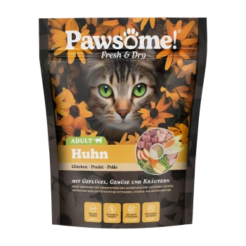 Verpackung für Katzenfutter mit dem Gesicht einer Katze, umgeben von Blumen, beschriftet mit "Pawsome! Fresh & Dry" und "Adult Huhn" und "Chicken" in Fettdruck.