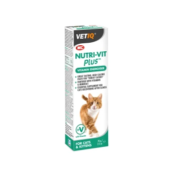 VETIQ Nutri-Vit Plus vitamin energiser for cats and kittens, featuring a playful orange and white cat on the packaging.