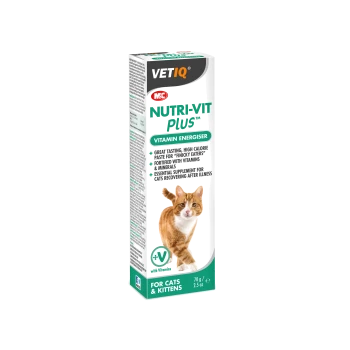VETIQ Nutri-Vit Plus vitamin energiser for cats and kittens, featuring a playful orange and white cat on the packaging.