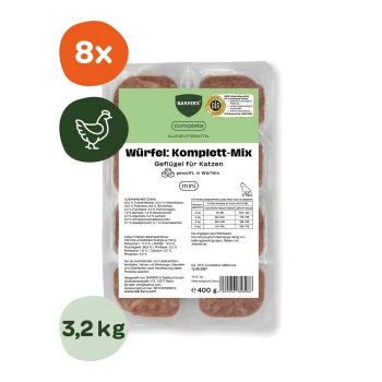 BARFER'S Katzenfutterschale mit der Aufschrift 'Würfel: Komplett‑Mix Geflügel für Katzen (mini)', 400 g, mit 8× Badge und '3,2 kg' Kennzeichnung.