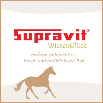 Supravit WiesenGlück-Etikett, rotes Logo, Pferdesilhouette, Text: 'Einfach gutes Futter - Frisch und natürlich seit 1965'