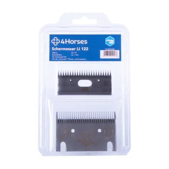 Zwei Pferdepflege-Schneiderklingen in einer klaren Plastikverpackung, beschriftet mit "4 Horses Schermesser LI 122," mit Spezifikationen zur Zahnanzahl und Höhe.