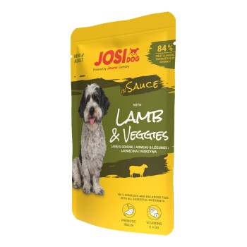 JosiDog Mini Adult Hundefutterbeutel mit Lamm und Gemüse in Sauce, 84 % Fleisch, präbiotische Inulin, Vitamine E und D3.