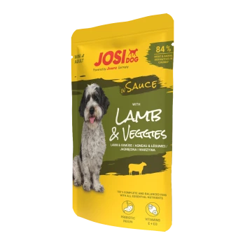 JosiDog Mini Adult Hundefutterbeutel mit Lamm und Gemüse in Sauce, 84 % Fleisch, präbiotische Inulin, Vitamine E und D3.