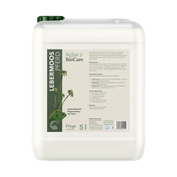 5-Liter-Behälter von Relax BioCare Lebermoos Pferd, ein Hautpflegeprodukt für Pferde, mit Anweisungen, Inhaltsstoffen und Anwendungshinweisen.