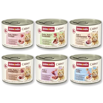 Sechs Animonda CARNY Katzenfutterdosen mit der Aufschrift 'Adult 1+', zeigt Fleischsorten (Pute, Huhn, Garnelen, Kaninchen, Lamm, Lachs)
