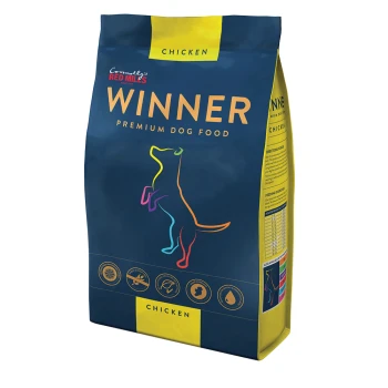 Bag of "Winner" premium dog food featuring a colorful outline of a dog, labeled "Chicken" at the top, with nutritional icons and details on the side.