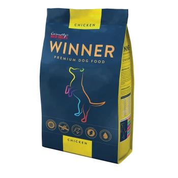 Bag of "Winner" premium dog food featuring a colorful outline of a dog, labeled "Chicken" at the top, with nutritional icons and details on the side.