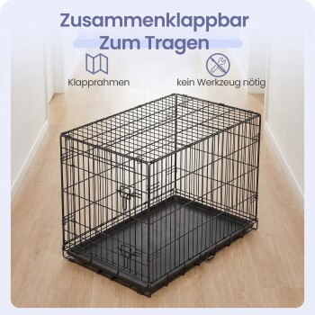 Schwarzer klappbarer Metall-Haustierkäfig auf Holzboden mit deutscher Überschrift 'Zusammenklappbar Zum Tragen'.